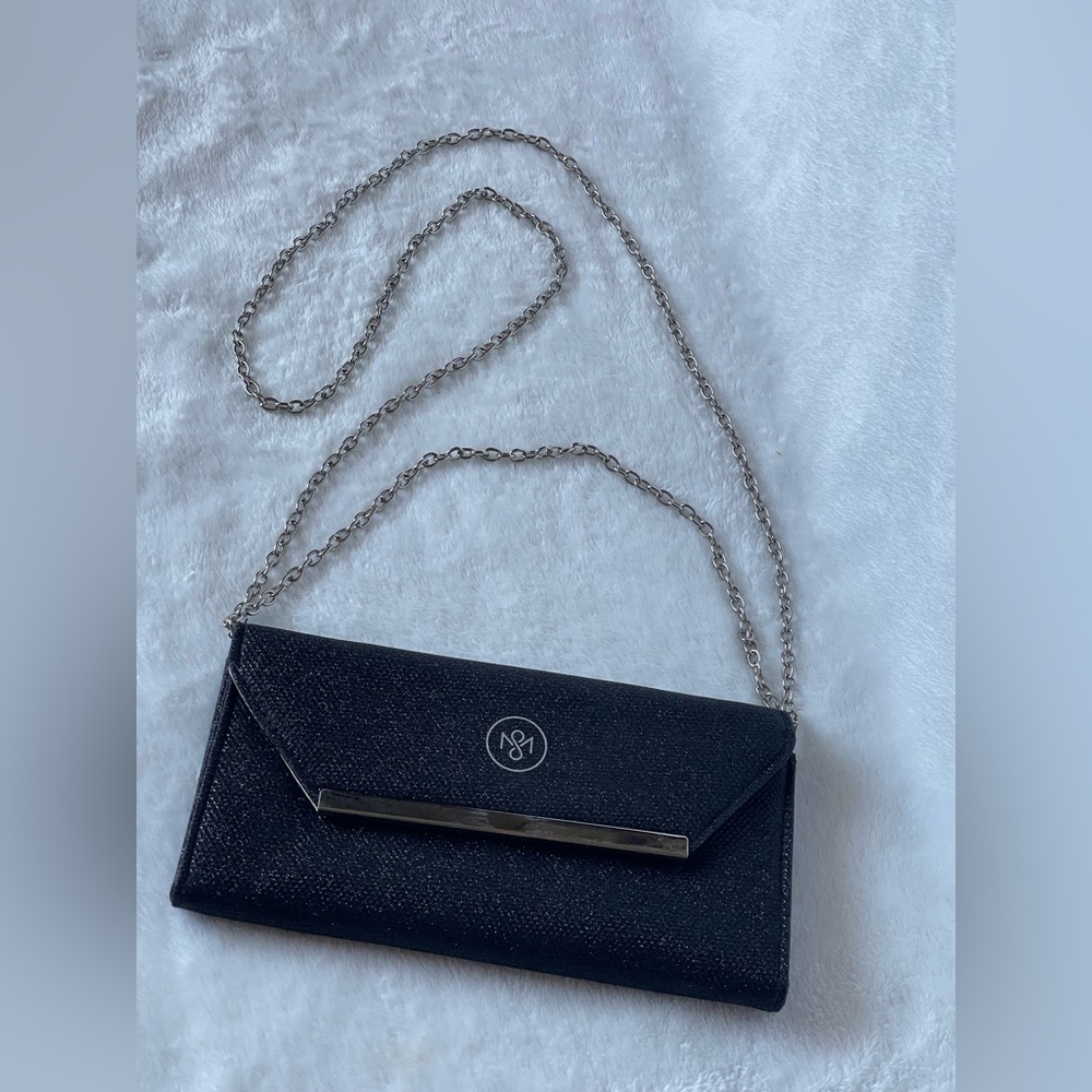 Young Living Savvy Minerals black shimmery clutch / crossbody purse Black Silver